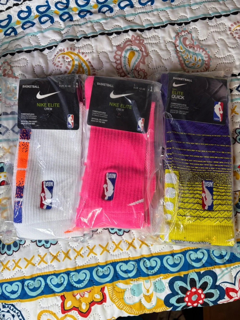 NBA Nike Elite Crew Socks - White, Pink, Yellow & Purple Accent